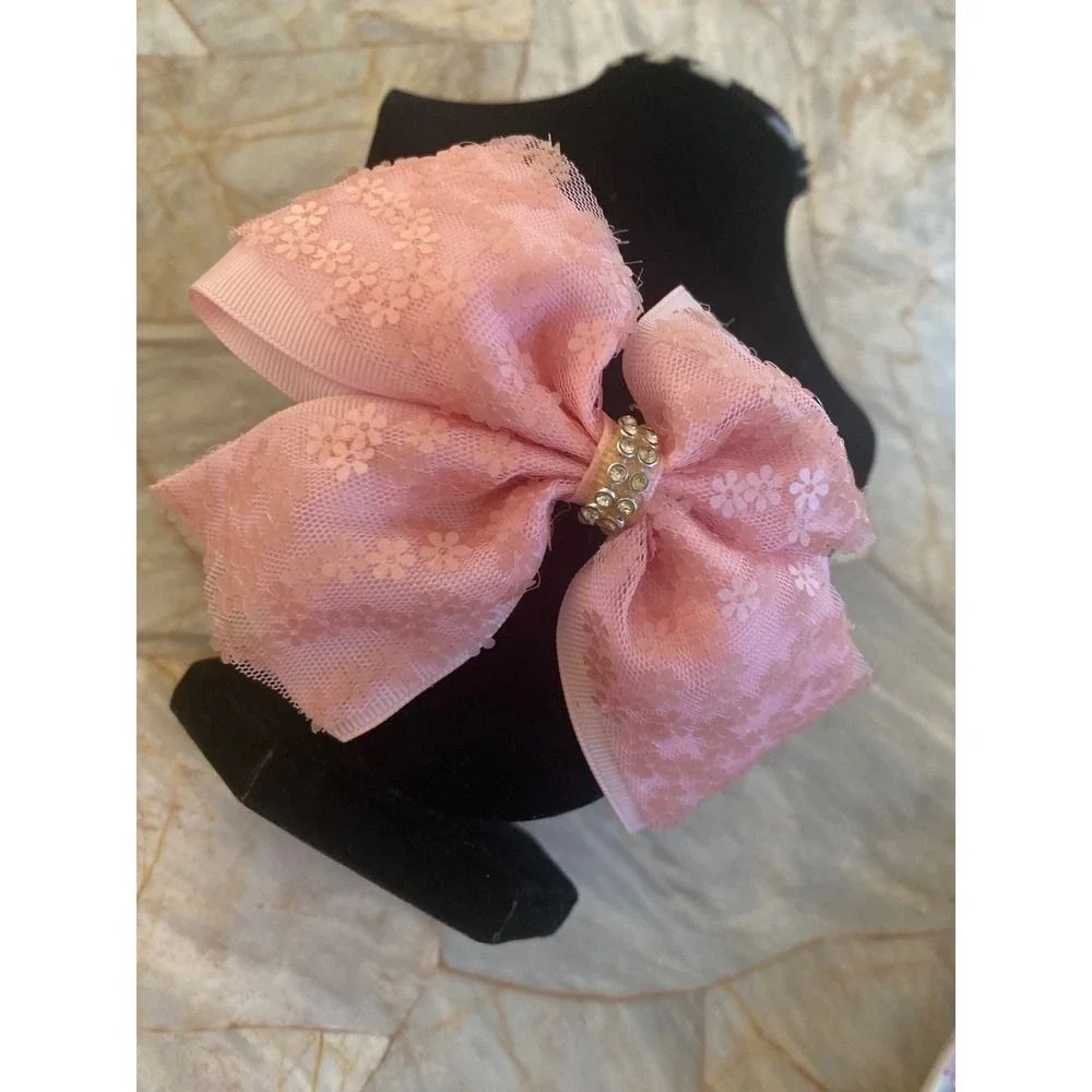 Pink Floral Lace‎ Layered Bow Headband with Rhinestone Center Coquette Style